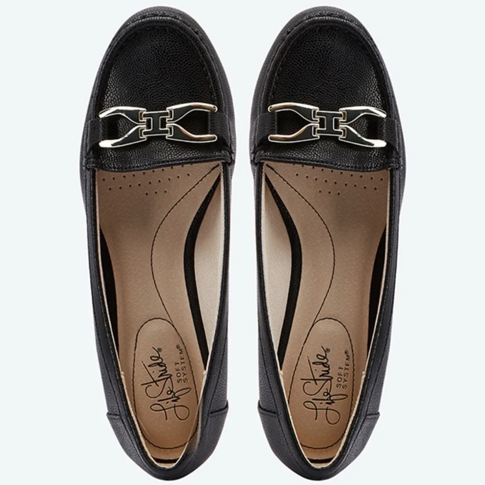 Life Stride Black Leather Loafers with Silver Chain Accent
